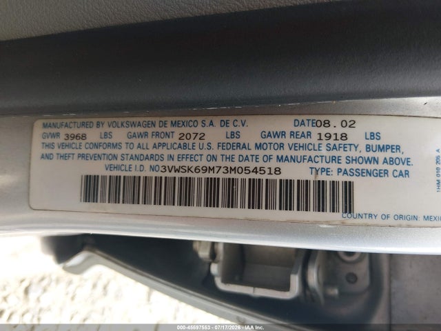 Aukcja sprzedaży 2003 Volkswagen Jetta Gls 2.0l, vin: 3VWSK69M73M054518, numer aukcji: 45597553