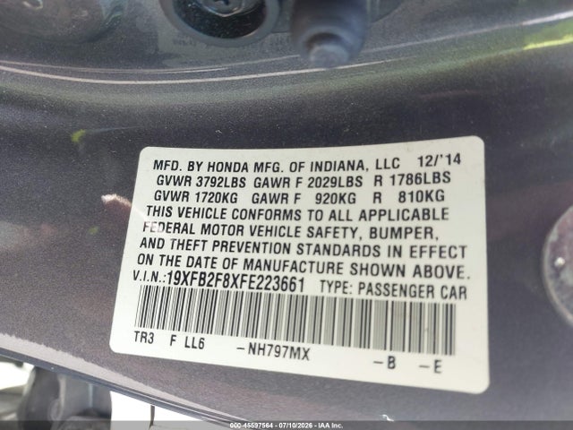 45597564 :رقم المزاد ، 19XFB2F8XFE223661 vin ، 2015 Honda Civic Ex مزاد بيع