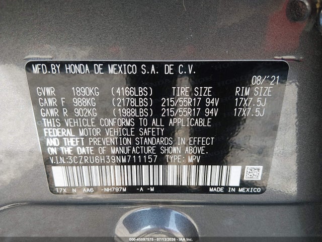 3CZRU6H39NM711157 Honda Hr-v Awd Lx