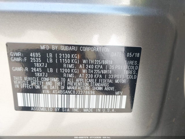 Продаж на аукціоні авто 2018 Subaru Outback 2.5i Limited, vin: 4S4BSANC0J3378696, номер лоту: 45597576