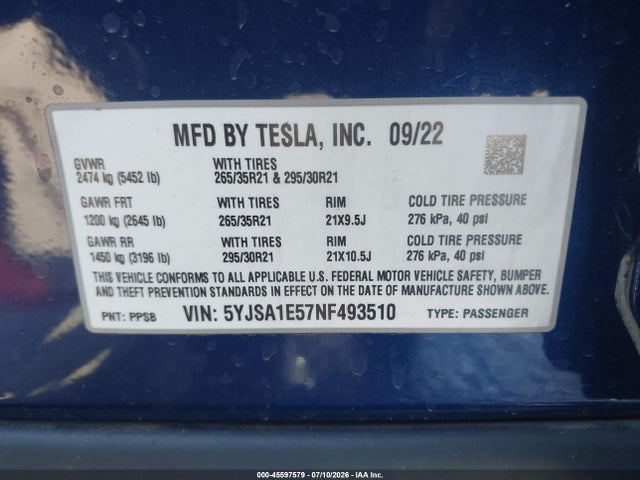 Aukcja sprzedaży 2022 Tesla Model S Dual Motor All-wheel Drive, vin: 5YJSA1E57NF493510, numer aukcji: 45597579