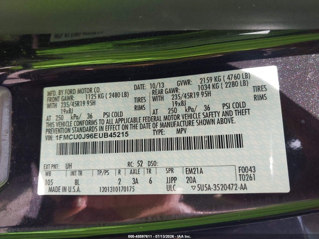 45597611 :رقم المزاد ، 1FMCU0J96EUB45215 vin ، 2014 Ford Escape Titanium مزاد بيع