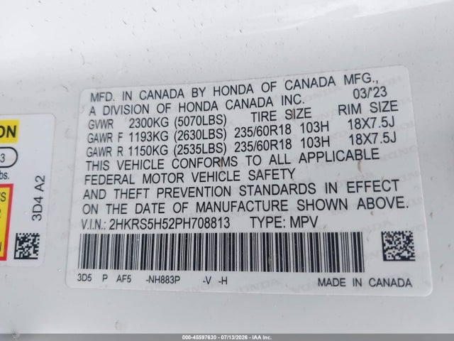 2HKRS5H52PH708813 Honda Cr-v Hybrid Sport