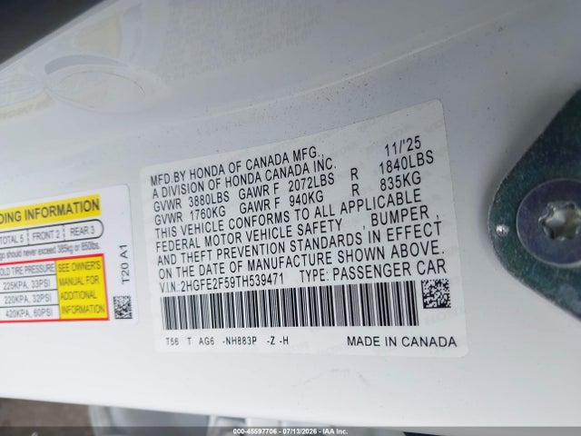 2HGFE2F59TH539471 Honda Civic Sport