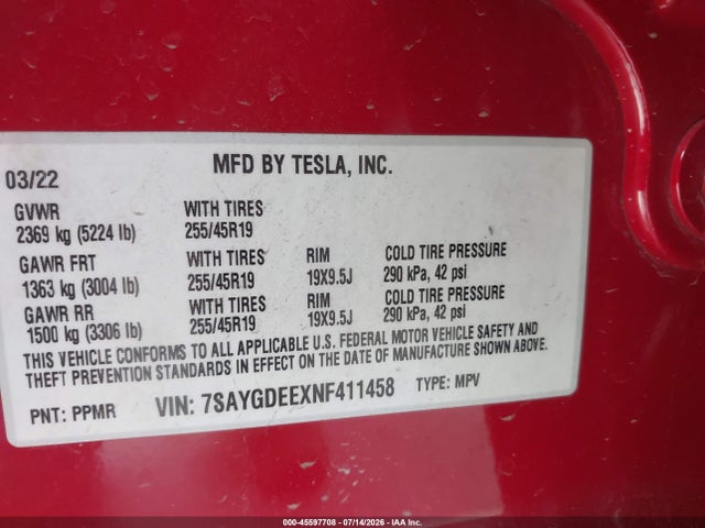 Aukcja sprzedaży 2022 Tesla Model Y Long Range Dual Motor All-wheel Drive, vin: 7SAYGDEEXNF411458, numer aukcji: 45597708