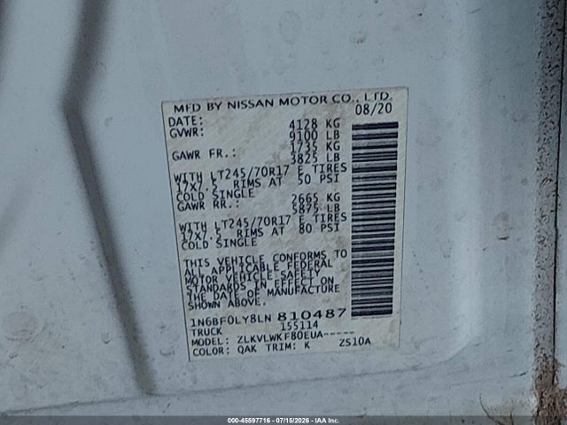 1N6BF0LY8LN810487 Nissan Nv Cargo Nv2500 Hd S High Roof V6