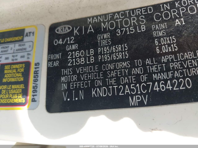 Aukcja sprzedaży 2012 Kia Soul, vin: KNDJT2A51C7464220, numer aukcji: 45597725