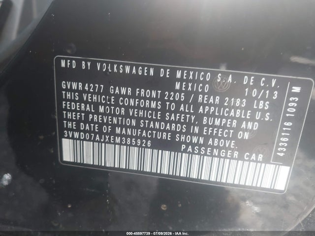 45597739 :رقم المزاد ، 3VWD07AJXEM385926 vin ، 2014 Volkswagen Jetta 1.8t Se مزاد بيع