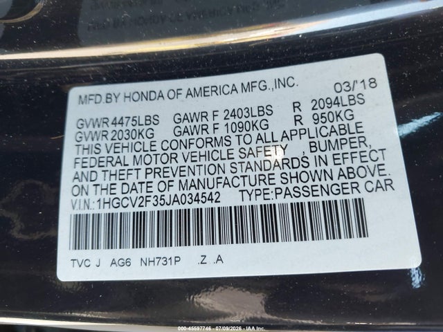 2018 Honda Accord Sport 2.0t მანქანა იყიდება აუქციონზე, vin: 1HGCV2F35JA034542, აუქციონის ნომერი: 45597746