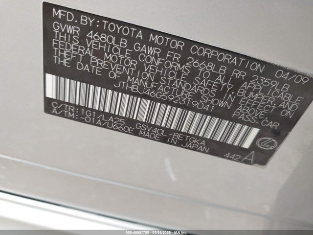 Aukcja sprzedaży 2009 Lexus Es 350, vin: JTHBJ46G592319041, numer aukcji: 45597759