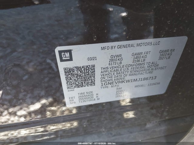 Aukcja sprzedaży 2021 Chevrolet Traverse Awd Lt Leather, vin: 1GNEVHKW1MJ186713, numer aukcji: 45597767