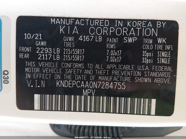 45597771 :رقم المزاد ، KNDEPCAA0N7284755 vin ، 2022 Kia Seltos Lx مزاد بيع
