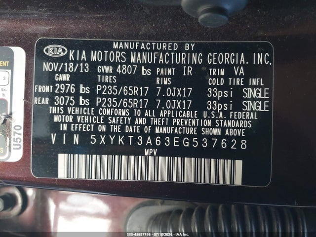 KIA SORENTO LX 2014 5XYKT3A63EG537628 Image 9