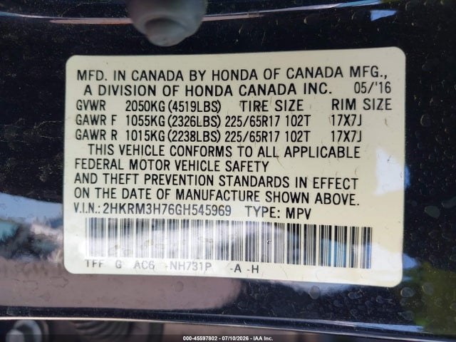 2HKRM3H76GH545969 Honda Cr-v Ex-l