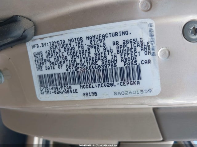 45597811 :رقم المزاد ، 4T1BF22K6VU039785 vin ، 1997 Toyota Camry Xle V6 مزاد بيع