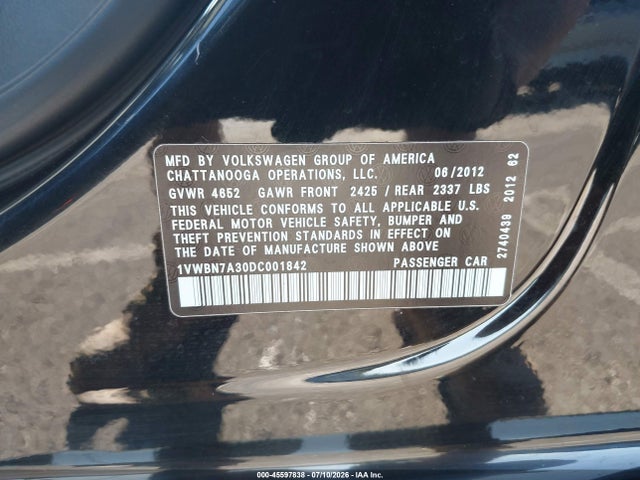 2013 Volkswagen Passat 2.0l Tdi Se მანქანა იყიდება აუქციონზე, vin: 1VWBN7A30DC001842, აუქციონის ნომერი: 45597838