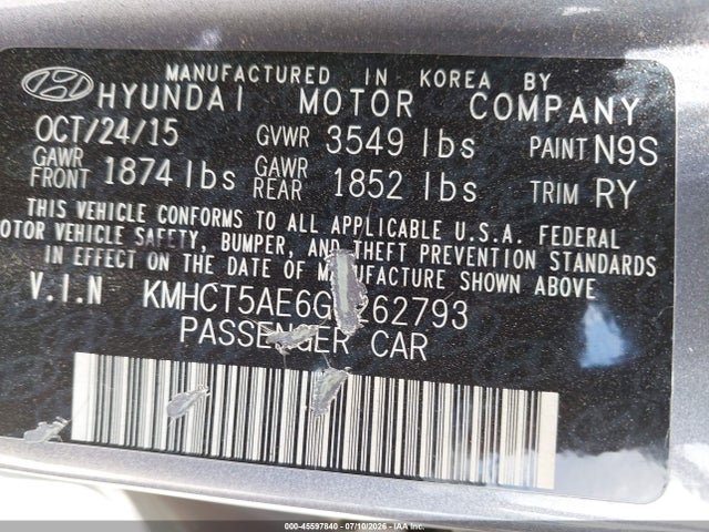 2016 Hyundai Accent Se მანქანა იყიდება აუქციონზე, vin: KMHCT5AE6GU262793, აუქციონის ნომერი: 45597840
