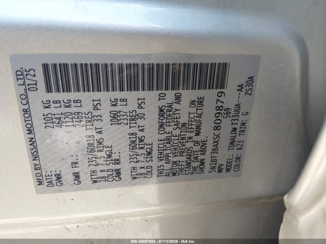 5N1BT3BAXSC809879 Nissan Rogue Sv Fwd