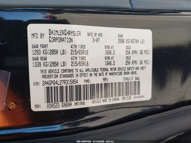 Aukcja sprzedaży 2007 Chrysler Town & Country Limited, vin: 2A4GP64L27R315054, numer aukcji: 45597856