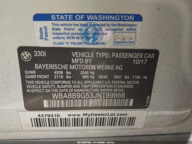 2018 Bmw 330i მანქანა იყიდება აუქციონზე, vin: WBA8B9G53JNT89866, აუქციონის ნომერი: 45597863