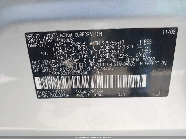 Aukcja sprzedaży 2009 Toyota Rav4, vin: JTMZF33V195005254, numer aukcji: 45597875