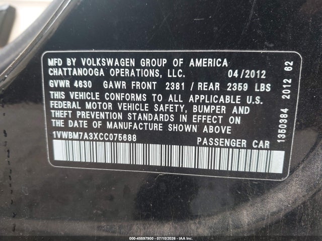 2012 Volkswagen Passat 3.6l V6 Se მანქანა იყიდება აუქციონზე, vin: 1VWBM7A3XCC075688, აუქციონის ნომერი: 45597900