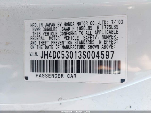 2003 Acura Rsx Type S მანქანა იყიდება აუქციონზე, vin: JH4DC53013S004597, აუქციონის ნომერი: 45597904