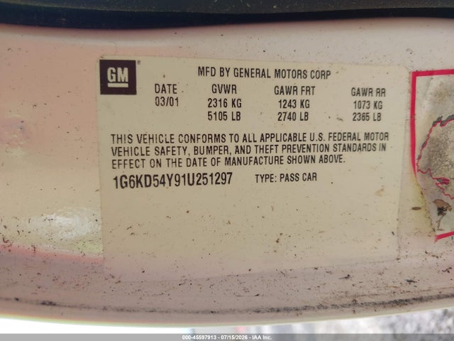 Продажа на аукционе авто 2001 Cadillac Deville Standard W/w20, vin: 1G6KD54Y91U251297, номер лота: 45597913