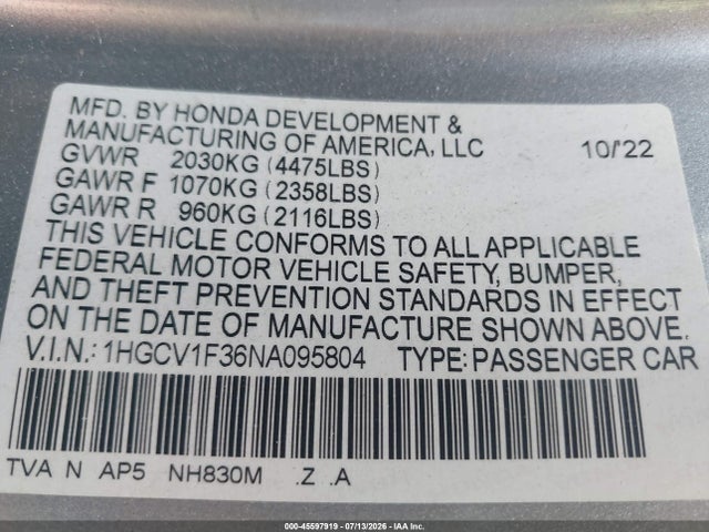 Aukcja sprzedaży 2022 Honda Accord Sport, vin: 1HGCV1F36NA095804, numer aukcji: 45597919