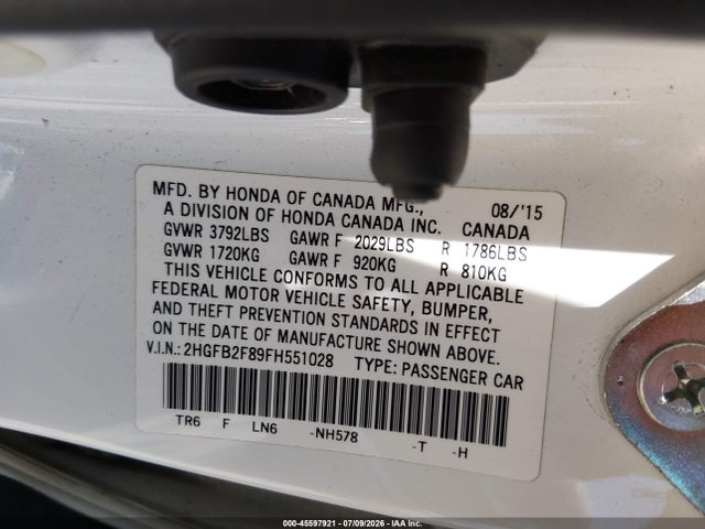 Honda CIVIC EX 2015 2HGFB2F89FH551028 Image 9