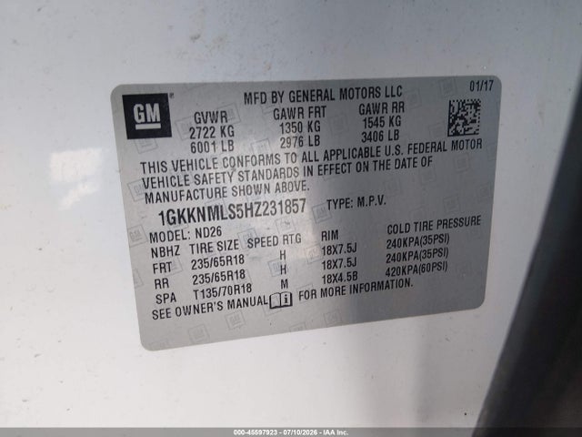 2017 Gmc Acadia Slt-1 მანქანა იყიდება აუქციონზე, vin: 1GKKNMLS5HZ231857, აუქციონის ნომერი: 45597923