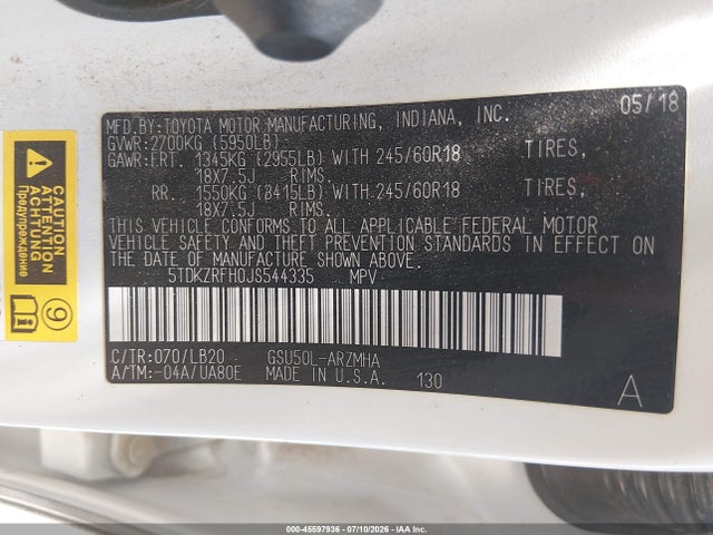 Toyota Highlander Xle 2018 5TDKZRFH0JS544335 Image 9