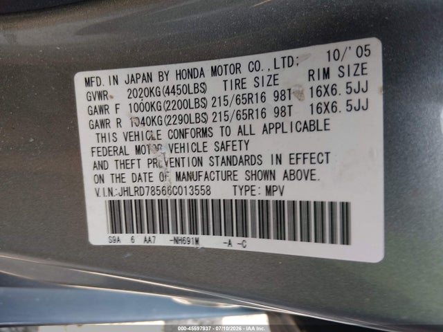 Продаж на аукціоні авто 2006 Honda Cr-v Lx, vin: JHLRD78566C013558, номер лоту: 45597937