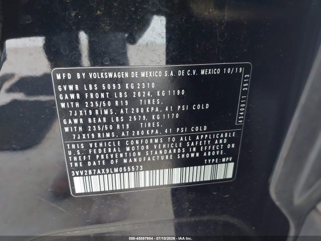 3VV2B7AX9LM055573 Volkswagen Tiguan 2.0t Se/2.0t Se R-line Black/2.0t Sel