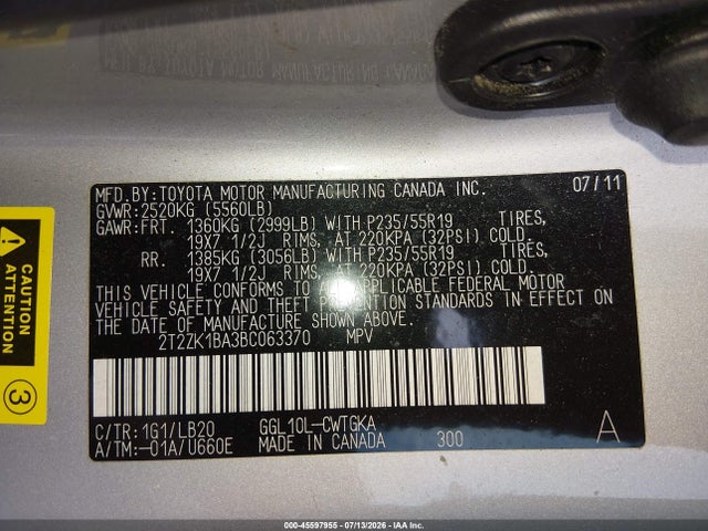 Продаж на аукціоні авто 2011 Lexus Rx 350, vin: 2T2ZK1BA3BC063370, номер лоту: 45597955