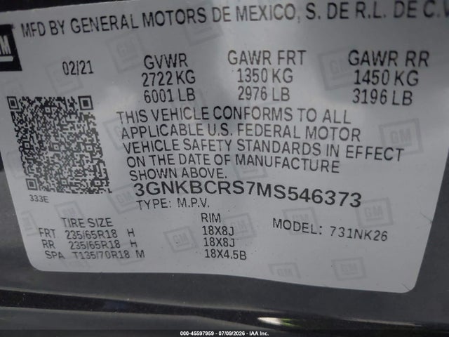 3GNKBCRS7MS546373 Chevrolet Blazer Fwd 2lt