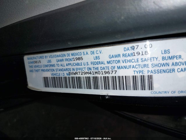 2001 Volkswagen Jetta Gl მანქანა იყიდება აუქციონზე, vin: 3VWRT29M41M019677, აუქციონის ნომერი: 45597962