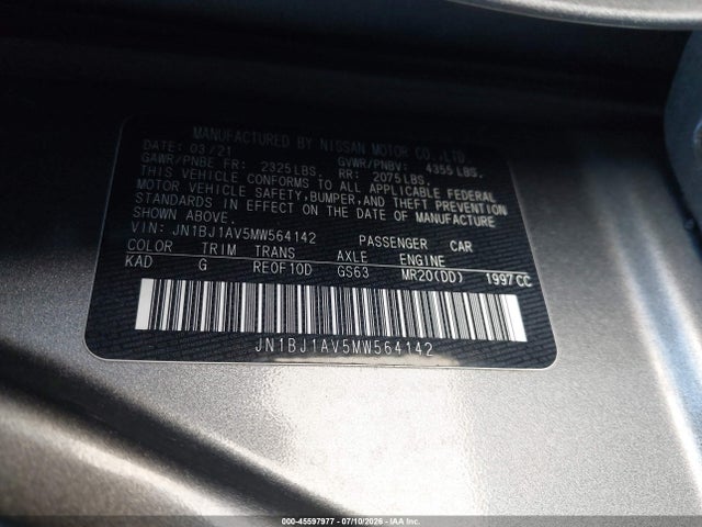 JN1BJ1AV5MW564142 Nissan Rogue Sport S Fwd Xtronic Cvt