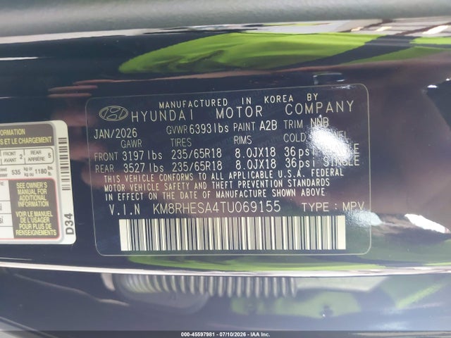 Aukcja sprzedaży 2026 Hyundai Palisade Hev Sel Premium 7p, vin: KM8RHESA4TU069155, numer aukcji: 45597981
