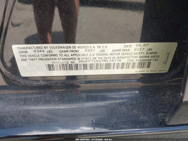 Продажа на аукционе авто 2007 Volkswagen Jetta Wolfsburg Edition, vin: 3VWEF71K57M174776, номер лота: 45597993
