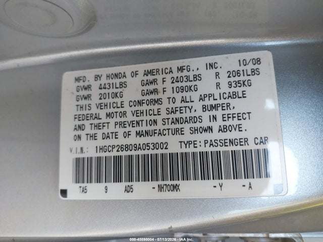 2009 Honda Accord 2.4 Ex-l მანქანა იყიდება აუქციონზე, vin: 1HGCP26809A053002, აუქციონის ნომერი: 45598004