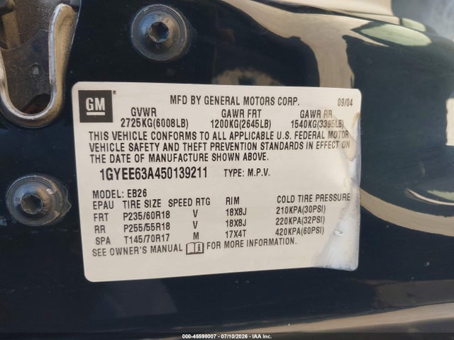Aukcja sprzedaży 2005 Cadillac Srx V8, vin: 1GYEE63A450139211, numer aukcji: 45598007