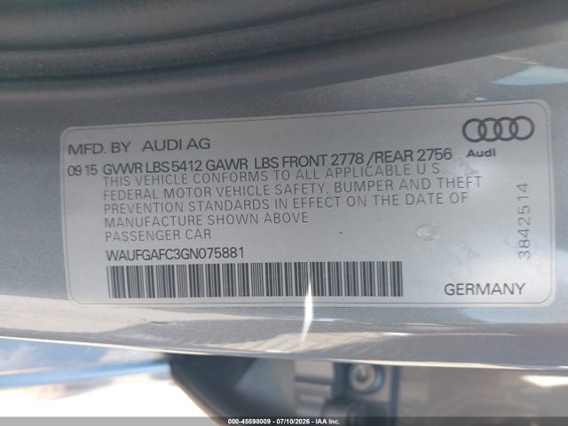 Продаж на аукціоні авто 2016 Audi A6 3.0t Premium Plus, vin: WAUFGAFC3GN075881, номер лоту: 45598009