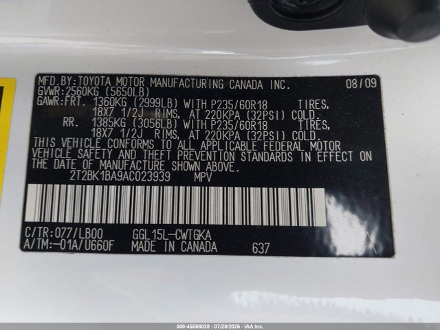 45598028 :رقم المزاد ، 2T2BK1BA9AC023939 vin ، 2010 Lexus Rx 350 مزاد بيع