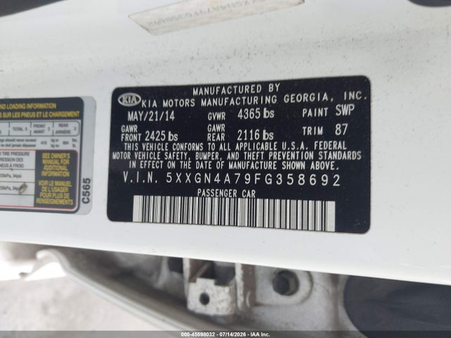 Aukcja sprzedaży 2015 Kia Optima Ex, vin: 5XXGN4A79FG358692, numer aukcji: 45598032