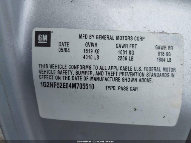 2004 Pontiac Grand Am Se1 მანქანა იყიდება აუქციონზე, vin: 1G2NF52E04M705510, აუქციონის ნომერი: 45598033