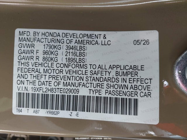 2026 Honda Civic Sport მანქანა იყიდება აუქციონზე, vin: 19XFL2H83TE029009, აუქციონის ნომერი: 45598037