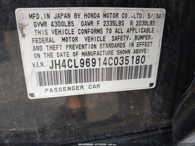 45598050 :رقم المزاد ، JH4CL96914C035180 vin ، 2004 Acura Tsx مزاد بيع