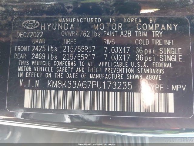 45598051 :رقم المزاد ، KM8K33AG7PU173235 vin ، 2023 Hyundai Kona Electric Sel مزاد بيع