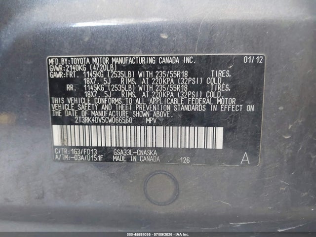 Продажа на аукционе авто 2012 Toyota Rav4 Sport V6, vin: 2T3RK4DV5CW066560, номер лота: 45598095